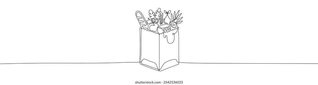 Bolsa de comestibles Ilustración vectorial de dibujo de línea continua. Símbolo de compras o entrega