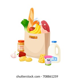 Grocery bag, dairy, meat, fich, potato, veggies, cheese and baguette. Vector illustration cartoon flat icon isolated on white.