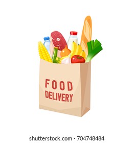 Grocery Bag, Dairy, Meat, Oil, Veggies And Baguette. Vector Illustration Cartoon Flat Icon Isolated On White.