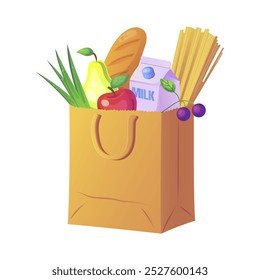 Bolsa de comestibles llena de alimentos como frutas y verduras. Ilustración vectorial