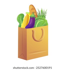 Grocery bag filled with fresh vegetables and bread. Vector illustration