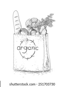 Grocery bag with healthy food in sketch style