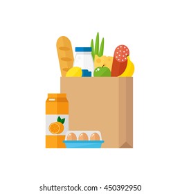 Grocery Bag Icon Isolated On White Background. Paper Bag With Fresh Food. Supermarket Concept. Flat Style Vector Illustration. 