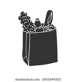 Ilustración de silueta de icono de bolsa de comestibles. Vector de alimentos Gráfico Pictograma Símbolo Clip Arte. Doodle Sketch Signo negro.