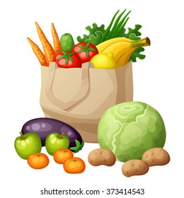 Grocery bag isolated on white background. Cartoon vector illustration. Fruits and vegetables: bananas, green, carrots, tomato, onion. Supermarket healthy food 