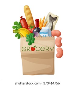 Grocery bag isolated on white background. Cartoon vector illustration. Bread, fish, milk, banana, green, carrots, tomato. Supermarket healthy natural food