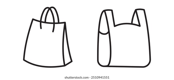 Icono de la línea del bolso del supermercado, ícono de los bolsos de compras, Vector de los bolsos de la carga, silueta. Conjunto de icono de bolsas de compras, diseño de paquete, símbolo de tienda en línea, bolsa de mano de papel, ilustración de bolsa de regalo. Ilustración vectorial.