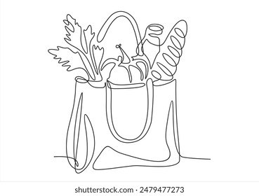 Grocery bag one continuous line drawing for logo. Hand drawn shopping bag with baguette, vegetables, milk, carrot. Grocery store design, delivery staple food concept. Modern vector illustration