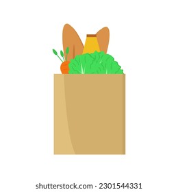 Grocery bag, grocery shopping, department store merchandise. Vegetable set: mustard, lettuce, carrot, baguette. Vector vegan foods eps 10.