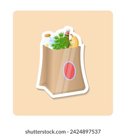 Grocery bag sticker illustration. Bag, bottle, dill, banana, plant. Editable vector graphic design.