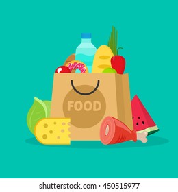 Grocery bag vector illustration isolated on white, paper bag of groceries flat cartoon shopping bag with fresh products