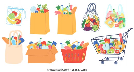 Grocery bags and carts. Shopping basket, paper and plastic packages, eco bag with organic food. Supermarket goods and groceries vector set. Illustration basket bag and cart with food