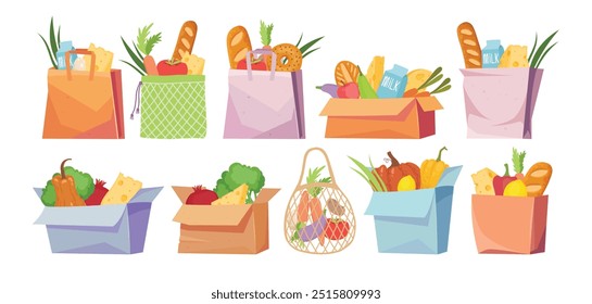 Bolsas de comestibles y Carritos. Cesta de la compra, paquetes de papel y plástico, bolsa ecológica con alimentos orgánicos. Productos de supermercado y comestibles conjunto de Vectores. Bolso y Carrito de la cesta de la ilustración con la comida, fondo blanco