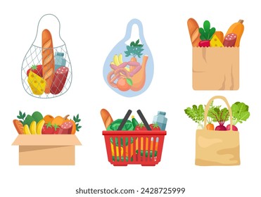 Bolsas de comestibles con comida. Conjunto de productos alimenticios envasados. Ilustración vectorial aislada sobre fondo blanco.