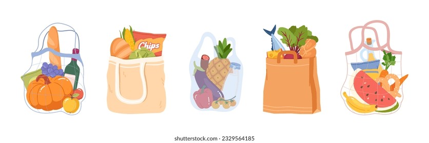 Grocery bags with food supermarket purchases. Full paper, plastic and net bags with various fresh vegetables, fruits set. Store products buying, retail market goods flat vector illustration collection