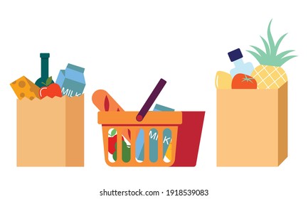 Grocery Bags Set. Plastic And Paper Packages, Supermarket Basket With Food Packs, Cans, Bread, Milk Products Logo