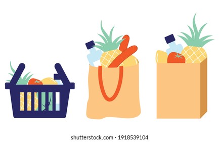 Grocery bags set. plastic and paper packages, supermarket basket with food packs, cans, bread, milk products logo - Shutterstock ID 1918539104