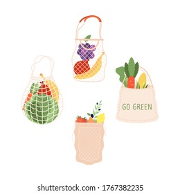 Grocery bags. Shopping food bag, organic supermarket shop packaging. Fresh fruits vegetables market packs, doodle vegetarian dish, cabbage banana grape vector illustration