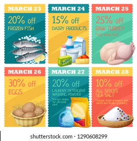 Grocery banners set vector design. Concept of advertising flyer with food icons Flat grocery discount card advertising design