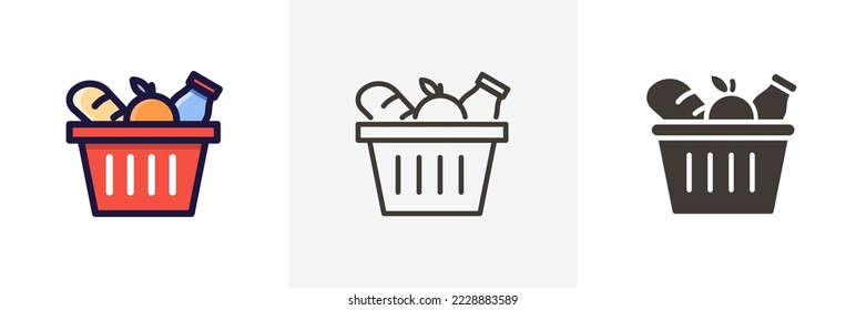 Grocery basket with bread, apple and milk. Vector trendy icon illustration design in 3 styles for food groceries market shopping.