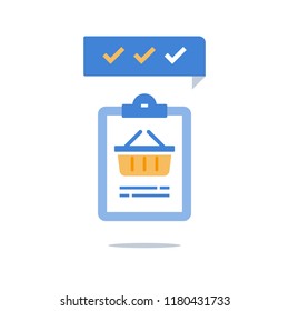 Grocery basket and check list, food order delivery, loyalty program clipboard, vector icon