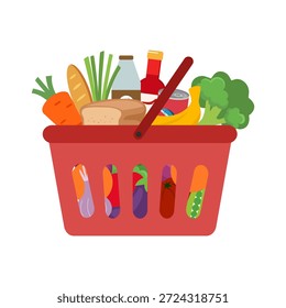 Concepto de cesta de comestibles. Cesta de la compra con diferentes alimentos y bebidas Ilustración vectorial en diseño plano.