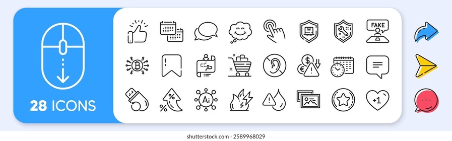Grocery basket, Cursor and Calendar time line icons. Interest rate, AI generate, Inflation icons. Pack of Messenger, Waterproof, Bitcoin system icon. Smile, Scroll down, Loyalty star pictogram. Vector