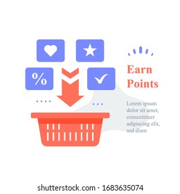 Grocery basket, earn points for purchase, loyalty program, reward or incentive, collect bonus, buy more, marketplace service, multiple order delivery, vector icon