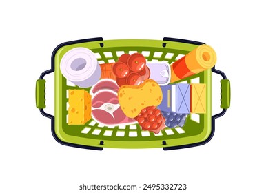 Grocery Basket Filled With Different Food Items Including Cheese, Meat, Toilet Paper, And Fruit, Top View