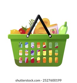 Grocery basket filled with various food items and vegetables. Vector illustration