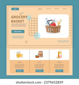 Grocery basket flat landing page website template. Juices, nuts, crisps. Web banner with header, content and footer. Vector illustration.