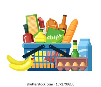 Grocery basket with food assortment flat vector illustration. Supermarket products in shopping handbasket. American food. Meal ingredients. Basketful of everyday gastronomy goods isolated on white
