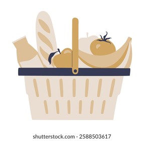 Grocery Basket With Fresh Food In Flat Vector Illustration Symbolizing Healthy Eating, Market Shopping, And Nutrition, Isolated On White Background