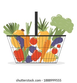 Grocery basket with fresh fruits and vegetables.