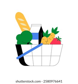 Grocery Basket With Fresh Vegetables, Bread, And Dairy In Flat Vector Illustration Symbolizing Healthy Eating, Shopping, And Nutrition, Isolated On White Background.