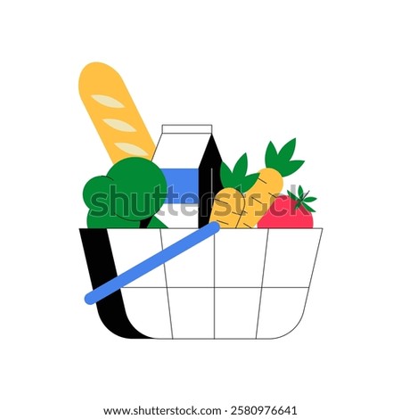 Grocery Basket With Fresh Vegetables, Bread, And Dairy In Flat Vector Illustration Symbolizing Healthy Eating, Shopping, And Nutrition, Isolated On White Background.