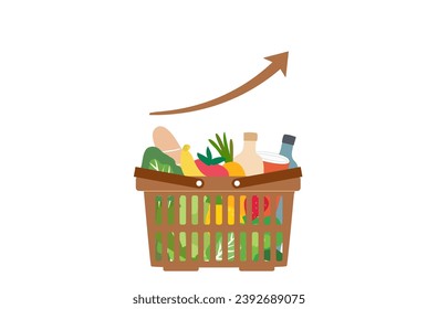 
Grocery basket with high graph. Cost of living, growth of grocery price, economic inflation vector illustration