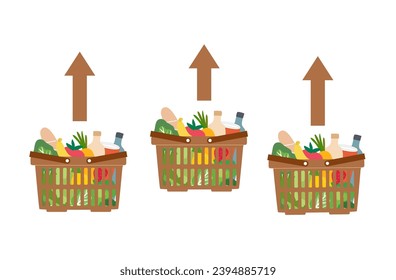 Cesta de compras con gráfico alto. Costo de la vida, aumento del precio de los alimentos, ilustración vectorial de la inflación económica