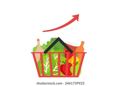 Grocery basket with high graph. Cost of living, growth of grocery price, economic inflation vector illustration