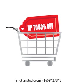 grocery basket icon and red tag up to 50 percent discount against a white background
