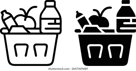 Grocery Basket Icon Set – Black and White Food Shopping Symbol Vector Illustration