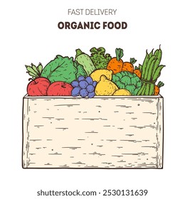 Grocery basket. Organic food in box. Fruits and vegetables. Natural food for farmers market. Hand drawn vector illustration.