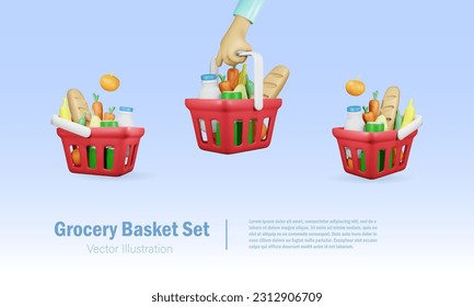 Grocery basket set.  Shopping basket full of grocery food and drink products. 3D vector.