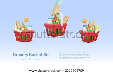 Grocery basket set.  Shopping basket full of grocery food and drink products. 3D vector.