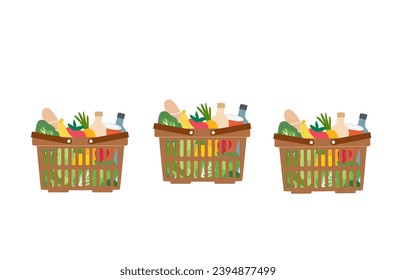 Grocery basket set.Shopping basket full of grocery food and drink products 