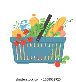 Cesta de comestibles. Carro comercial lleno de diferentes verduras de producción, pan, salchichas, verdor, queso, leche, jugo, aceite vegetal. Ilustración vectorial en estilo plano.