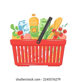 Grocery basket. Shopping cart full of different production vegetables, bread, sausages, greenery, milk, juice, vegetable oil. Vector illustration