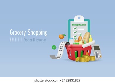 Grocery basket with shopping check list and calculator. To control grocery expenses budget, inflation, consumerism and economize cost of living concept. 3D vector.