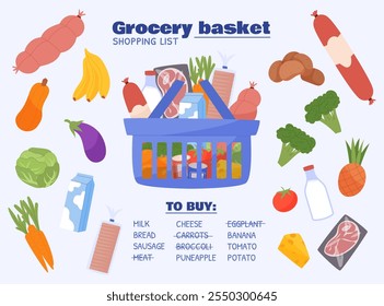 Grocery basket. Shopping list. Food bag from supermarket. Banner shop. Market with groceries. Fresh fruits and vegetables. Customers purchase. Buying meat and fish. Vector doodle garish background