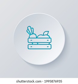 Grocery basket, shopping at the supermarket, Full box of fresh food. Cut circle with gray and blue layers. Paper style